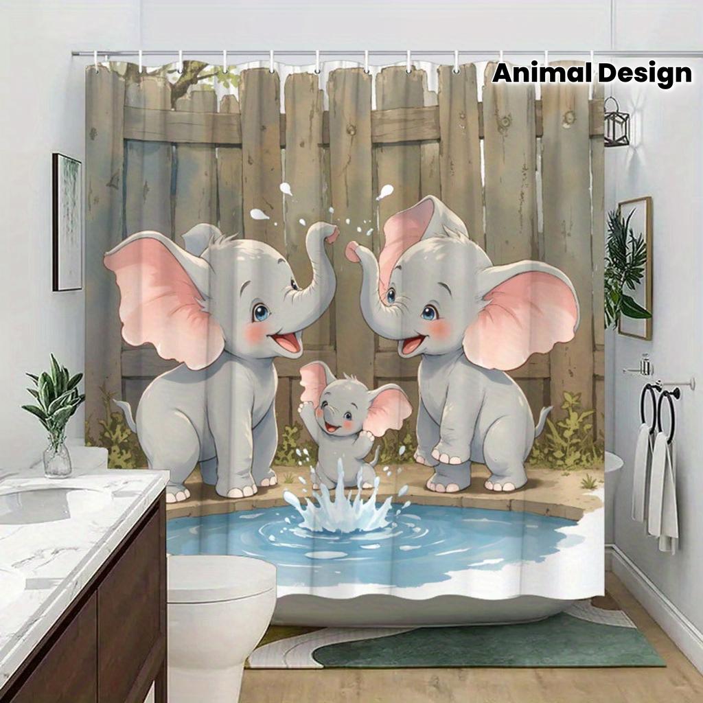 Cute Baby Elephants Playing In Water Shower Curtain Waterproof Moisture Proof Privacy Protection Animal Design Cartoon Kids