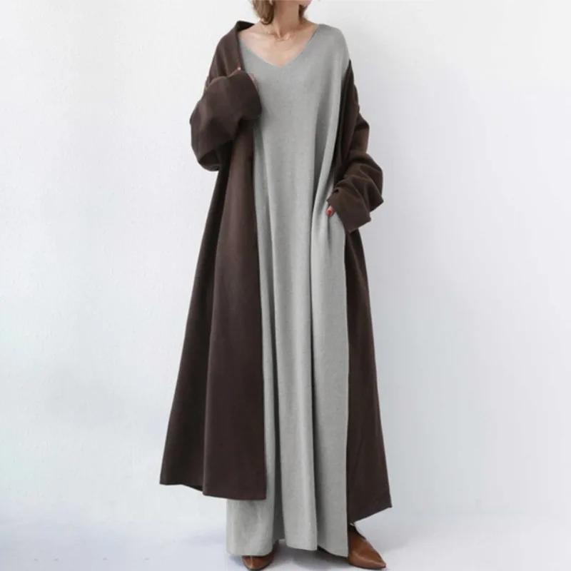 Fashionable Knitted Long Sleeve V-Neck Dress Casual Women's Maxi Dress Rabbit Fur Material Loose Waist Ankle-Length Skirt