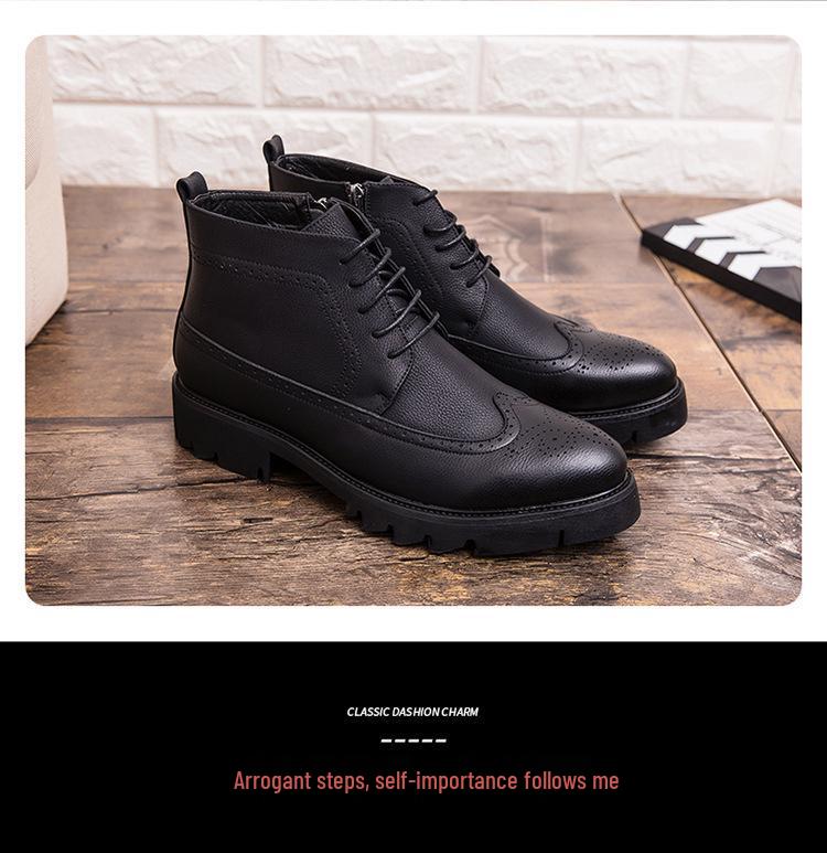 Men's High-Top Brogue Leather Boots - Stylish, Business Casual, Height-Enhancing, Versatile Footwear