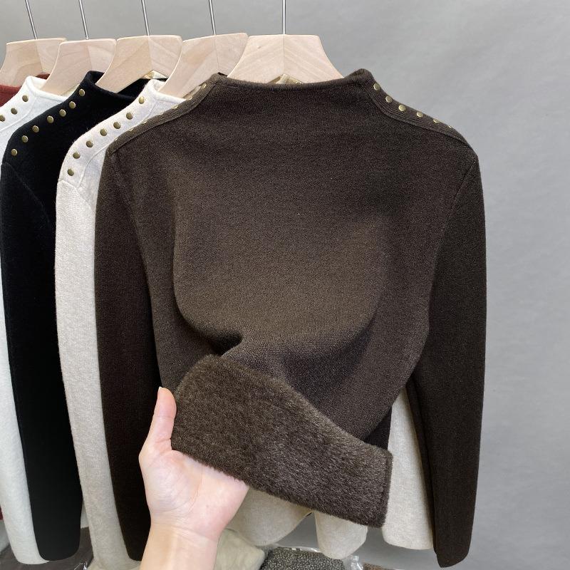 One-piece fleece semi-turtleneck sweater women's fleece thick bottoming shirt autumn and winter new rivet knitted sweater inner top