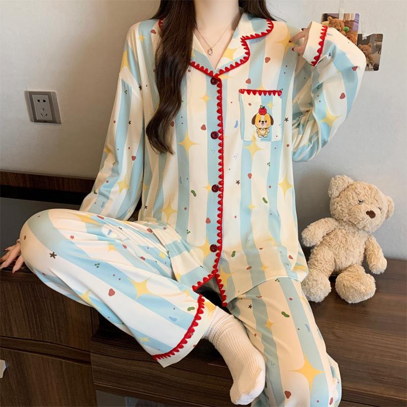 Roter gepunkteter Pyjama Damen High-End Frühling und Herbst Cartoon Muschel bestickter Rand Langarm Loungewear Set