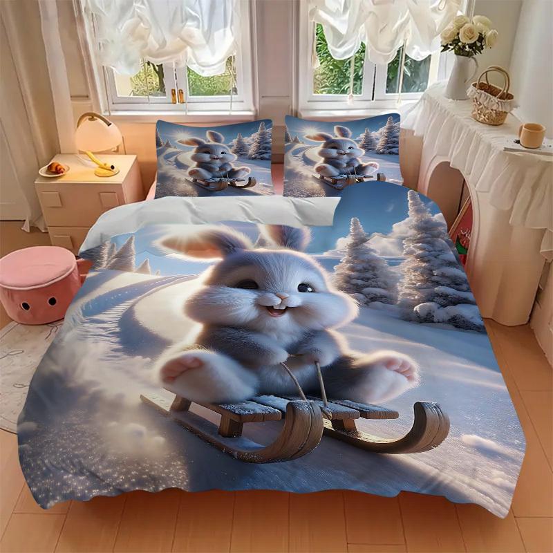 3pcs Anime Bunny Sledding Winter Scene Bedding Set - Includes One Quilt Cover and Two Pillowcases (No Core) - Perfect for Bedroom and Guest