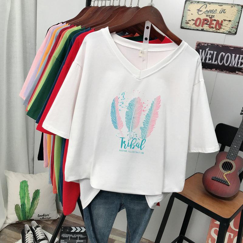 

Short-sleeved T-shirt for Women, Large Size, Loose and Slimming, Printed V-neck Top S білий