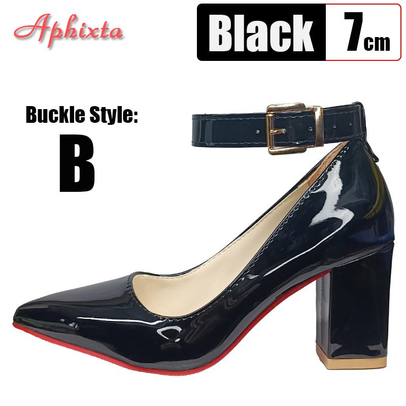 Fashion Aphixta Super Big Size 51 52 53 Patent Leather 7cm Chunky Heels Official Pumps 2cm Belt Buckle Pointed Toe Women Black Shoes