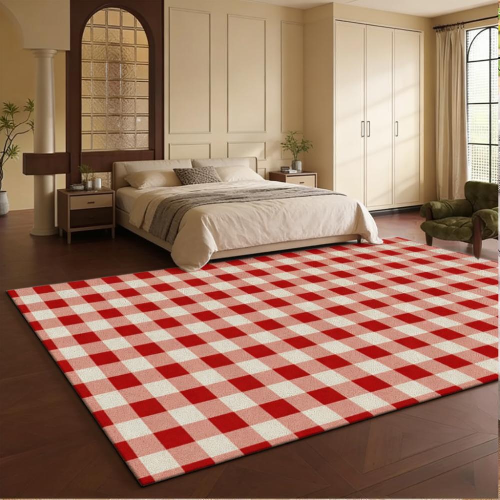 1pc 2D Flat Red White Checkered Area Rug, Machine Washable Non-Slip Decor Mat for Living Room & Under Bed