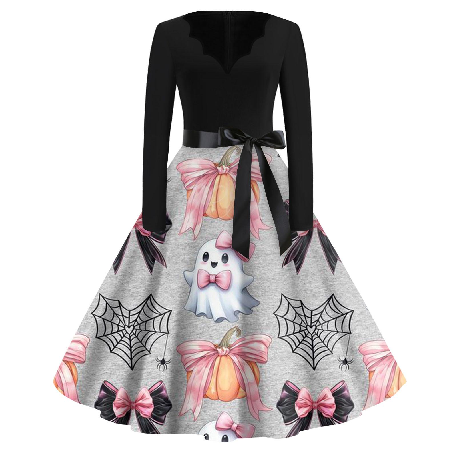 

Женская мода с v-образным вырезом, повседневные тонкие платья с длинными рукавами и принтом на Хэллоуин XXXXL розовый