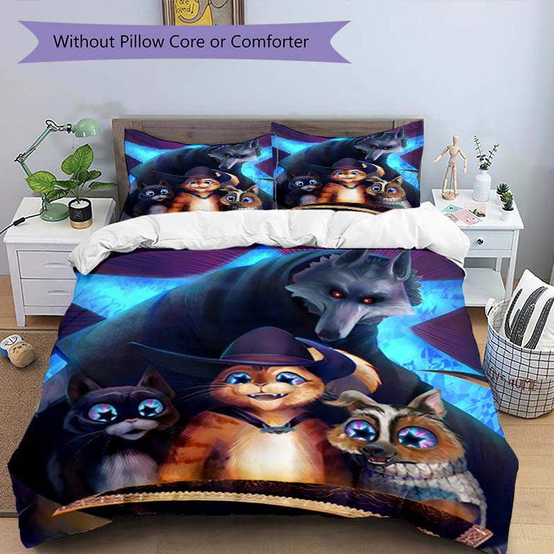 3pcs Puss In Boots Bedding Set Duvet Cover Closure Includes 1 Duvet Cover & 2 Pillowcases, Soft and Comfortable for All Seasons.