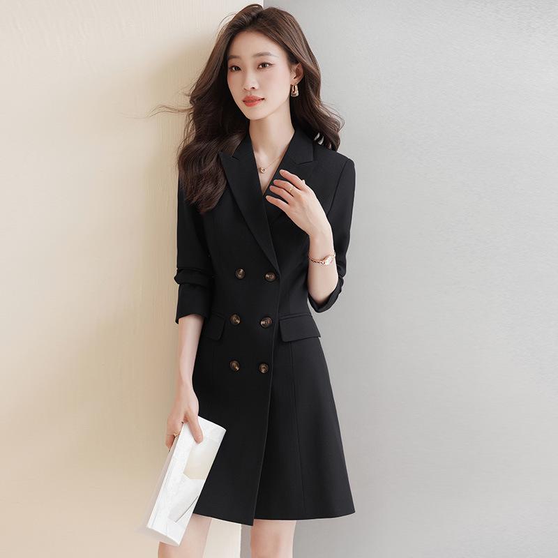 Women's Double-Breasted Gray Suit Dress - Mid-Length, High-End Professional Workwear for Spring and Autumn