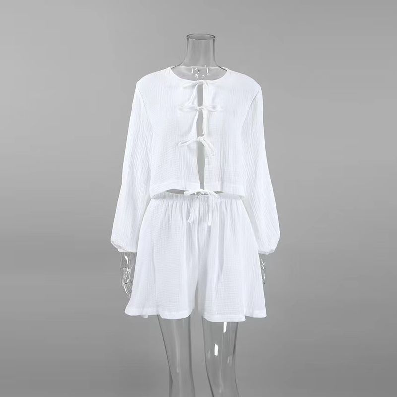 

Western Style Summer New Lace-up Long sleeve Top Shorts Set Lace up Top and Shorts Set White S