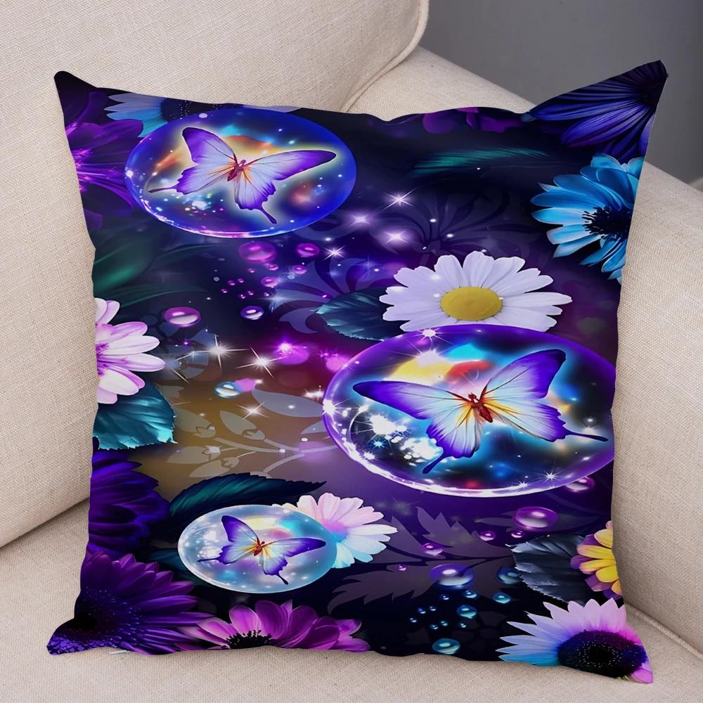 Tecknad Blomma Fjäril Djur Kuddfodral Dekor Blomma Kuddfodral för Soffa Hem Bil Fantasi Skog Mjuk Plysch Kuddfodral