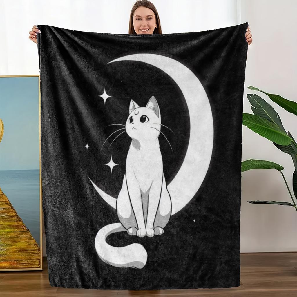 One Comfortable Black and White Cat Moon Theme Flannel Blanket, Soft High-Definition Digital Print, Suitable for All Seasons! A
