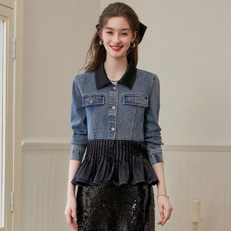 Bailuyu Women s Spliced Color Block Denim Jacket L