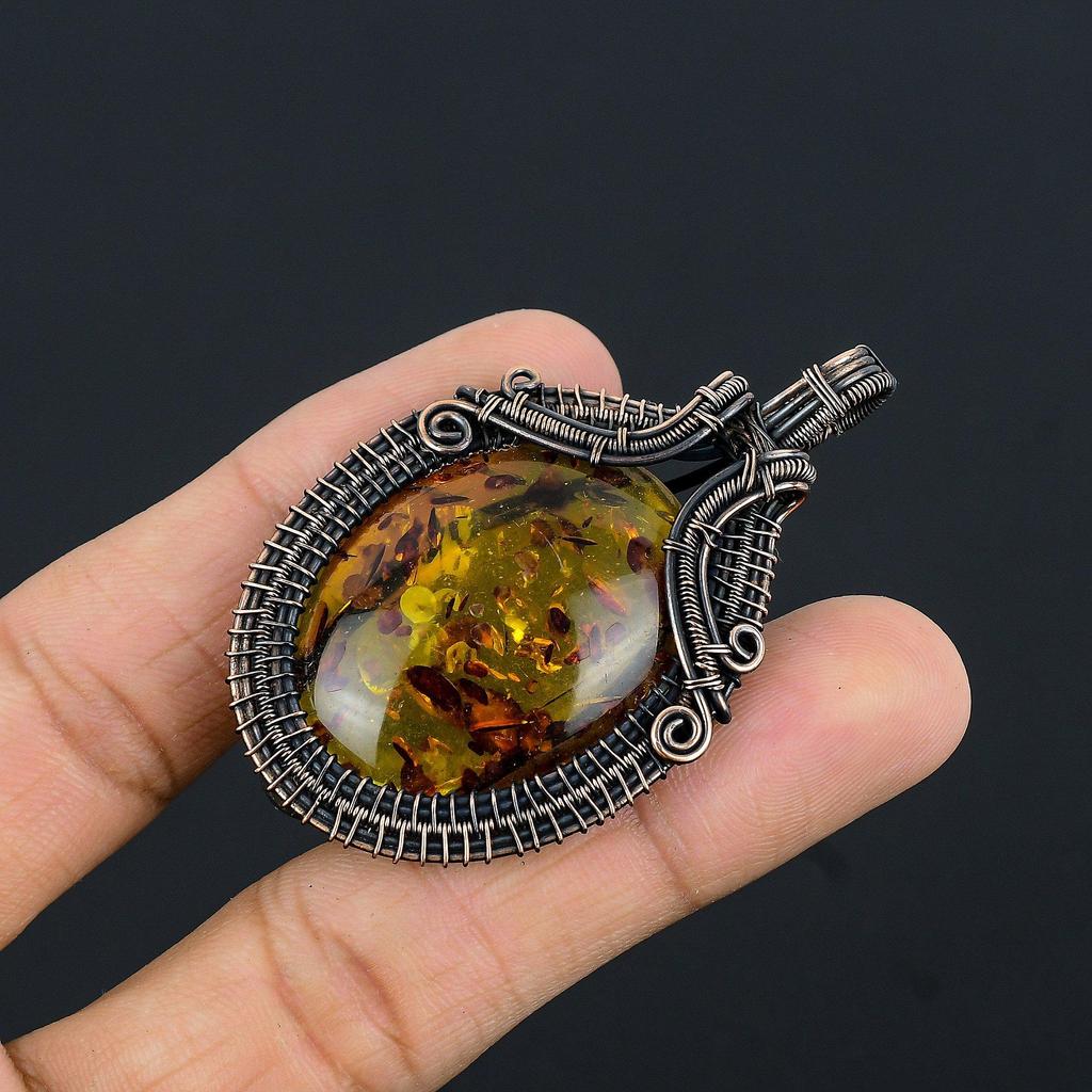 Baltic Amber Pendant, 999 Copper Wire Wrapped Gemstone Jewelry, Handmade Pendant For Mother Day