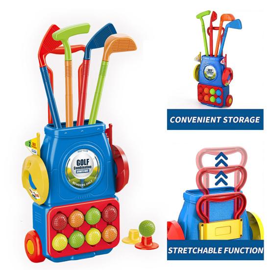 Golfschläger-Set für Kinder mit Deichselwagen, Kunststoff-Golfset für Jungen und Mädchen, Sportspielzeug für drinnen und draußen, mit 4 Schlägern, 8 Bällen, 2 Löchern