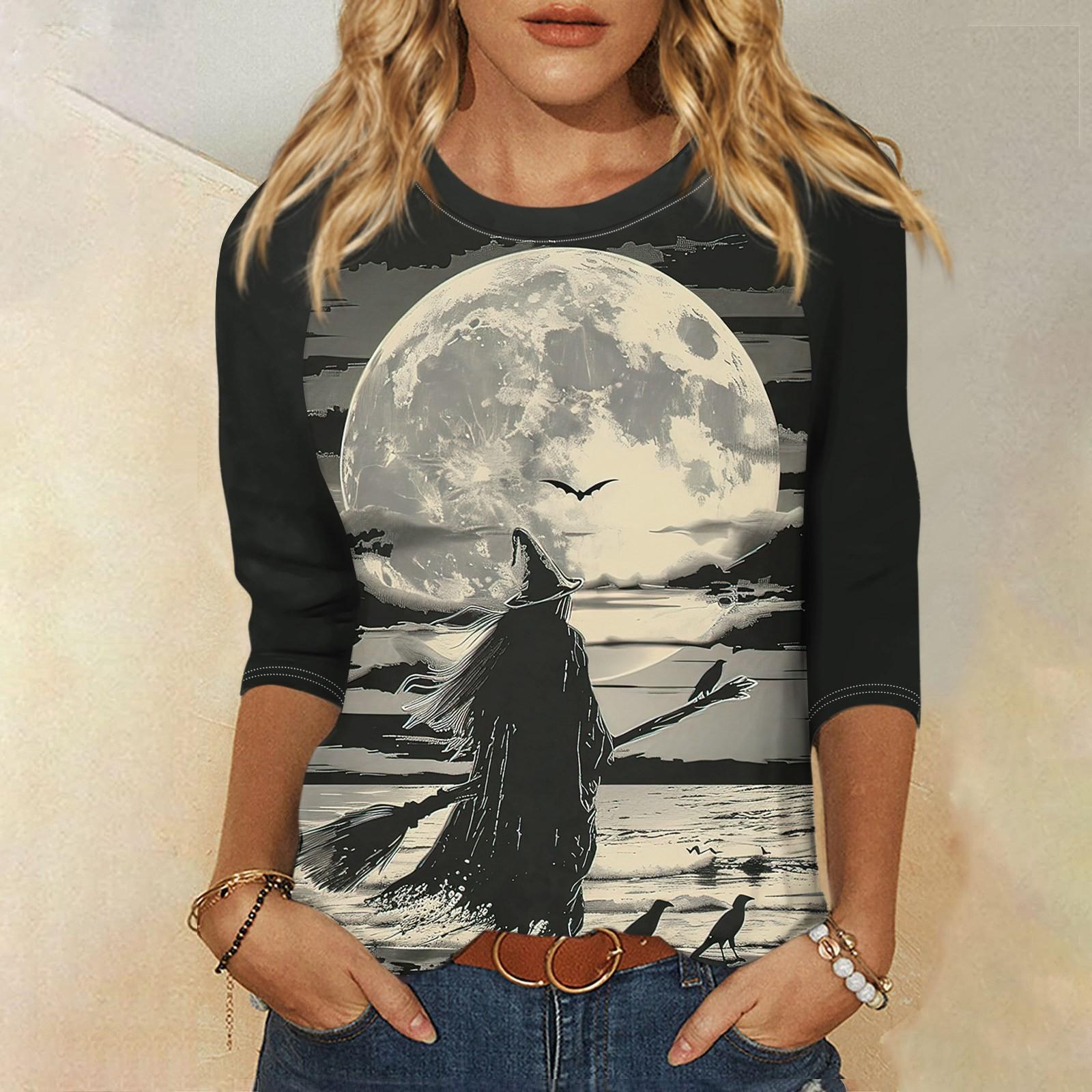 

Рубашка для женщин, модная, повседневная, рукав реглан, круглый вырез, рукав 3/4, свободная, с принтом на Хэллоуин, женская футболка, топ XL