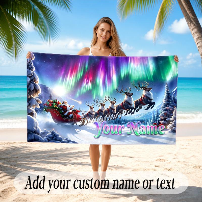 Christmas Theme Quick Dry Beach Towel Custom Name Text Print Large Sand Resistant Towel Beach Vacation