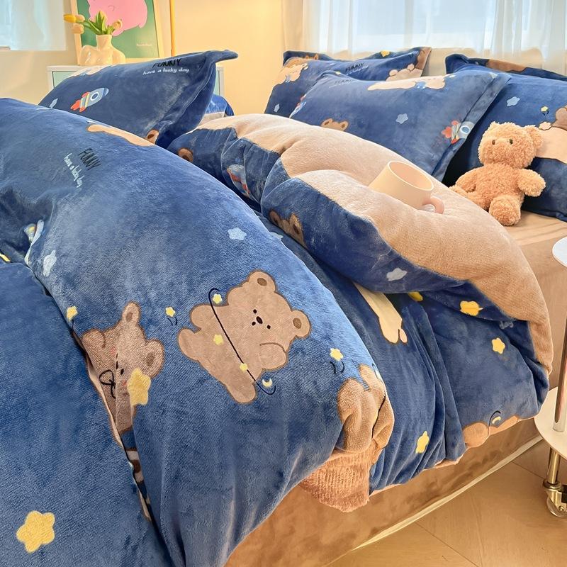 Thickened Milk Fleece Four-Piece Set, Coral Flannel Quilt Cover, Double-Sided Fleece Bed Sheet Quilt Cover, Bed Hat Three-Piece Set