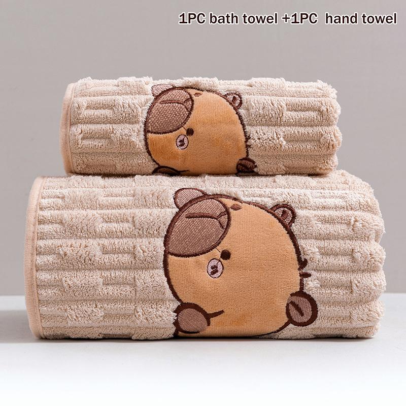 Cute 2-Piece Capybara Face Towel Set, Extra Soft Coral Fleece, 34X74 Inch Towel And 70X140 Inch Bath Towel