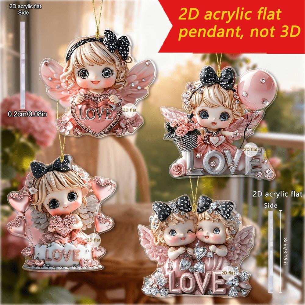 1 szt. Wisiorek Aniołek Serce, w romantycznym płaskim designie z serduszkami, napisem LOVE i kokardkami, nadaje się jako ozdoba samochodowa, dopasowanie do plecaka dla par