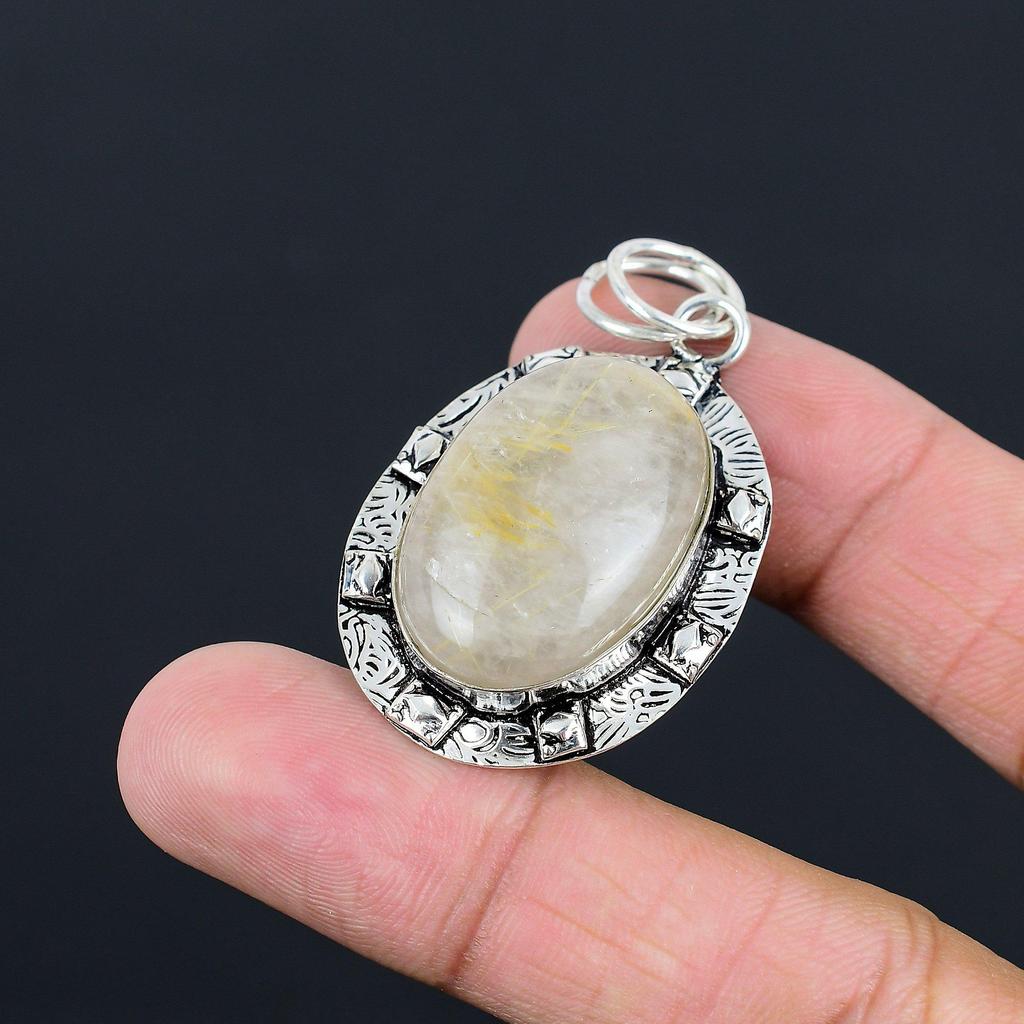 Daughters Day Sale Golden Rutile Gemstone Elegant Birthday Pendant 925 Silver