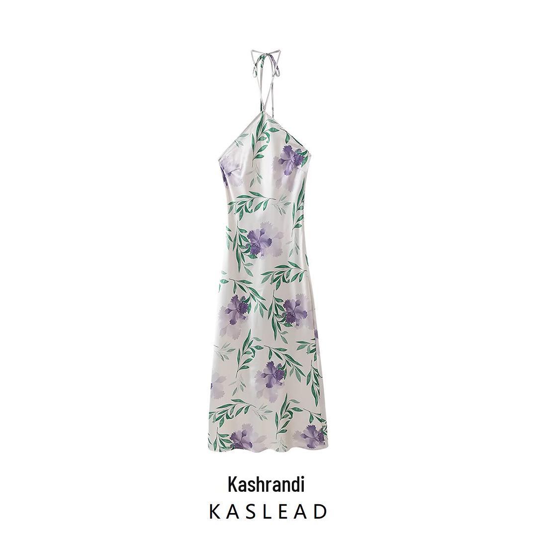 

2025 Spring Women s European & American Slim Satin Print Halter Dress L