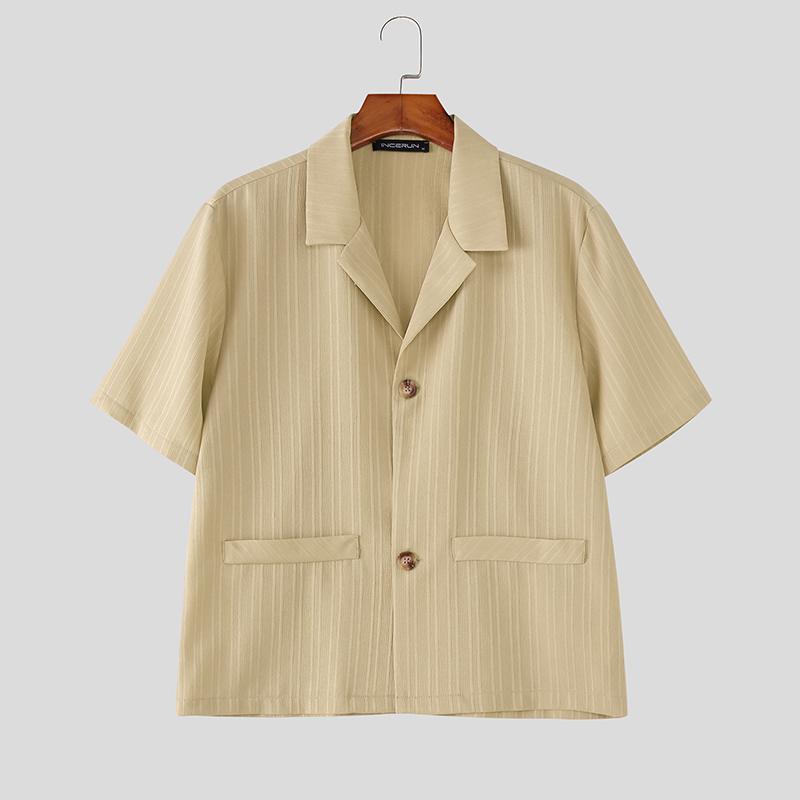 

INCERUN Oversized Men Lapel Neck Short Sleeve Texture Cropped Casual Shirts Tops 5XL хакі