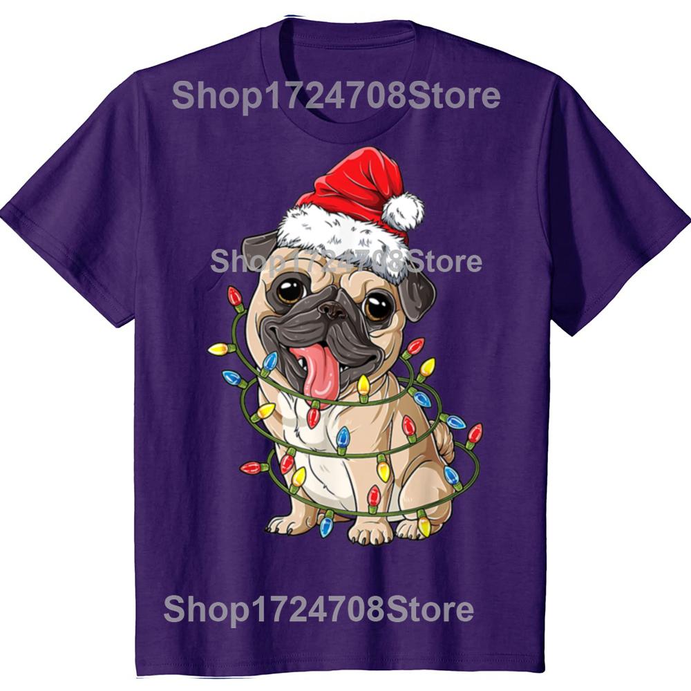 Christmas Pug With Christmas Lights Santa Hat Xmas Pug Dog T Shirt Mens Cotton Oversized Printing T Shirts Harajuku Tshirt