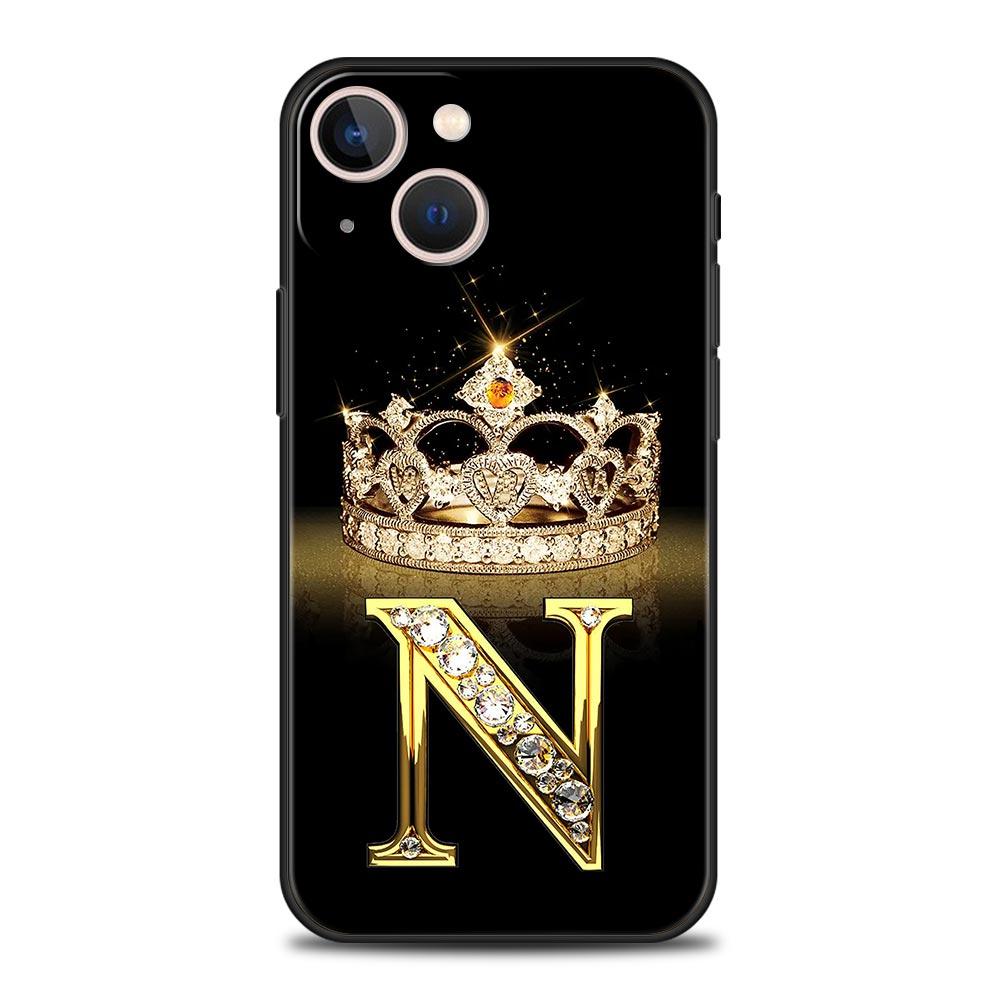 Diamond Crown Letter 26 Letters Phone Case For iPhone 17 16E 15 16 14 13 12 11 Pro Max 7 8 Plus Soft TPU Back Cover