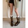 Songdo white tea~! Medium tube color matching knight boots belt buckle round head thick heel stacked short boots
