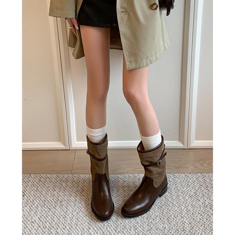Songdo white tea~! Medium tube color matching knight boots belt buckle round head thick heel stacked short boots