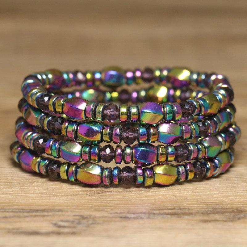 Rainbow Hematite & Crystal Bead Bracelet – Iridescent Boho Jewelry, Energy Balance Gift for Men & Women