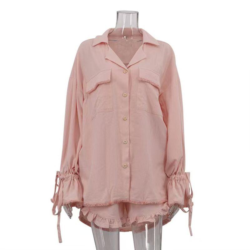 

Western Style Bell Sleeve Loose Shirts Frill Shorts Set Shirt and Shorts Suit Set Pink L