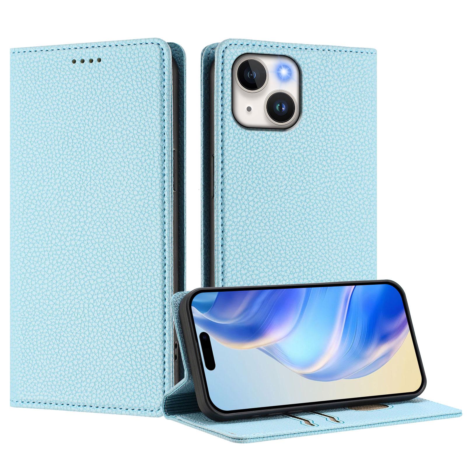 

For iPhone 15 Wallet Case RFID Blocking Litchi Texture Leather Mobile Cover Baby Blue