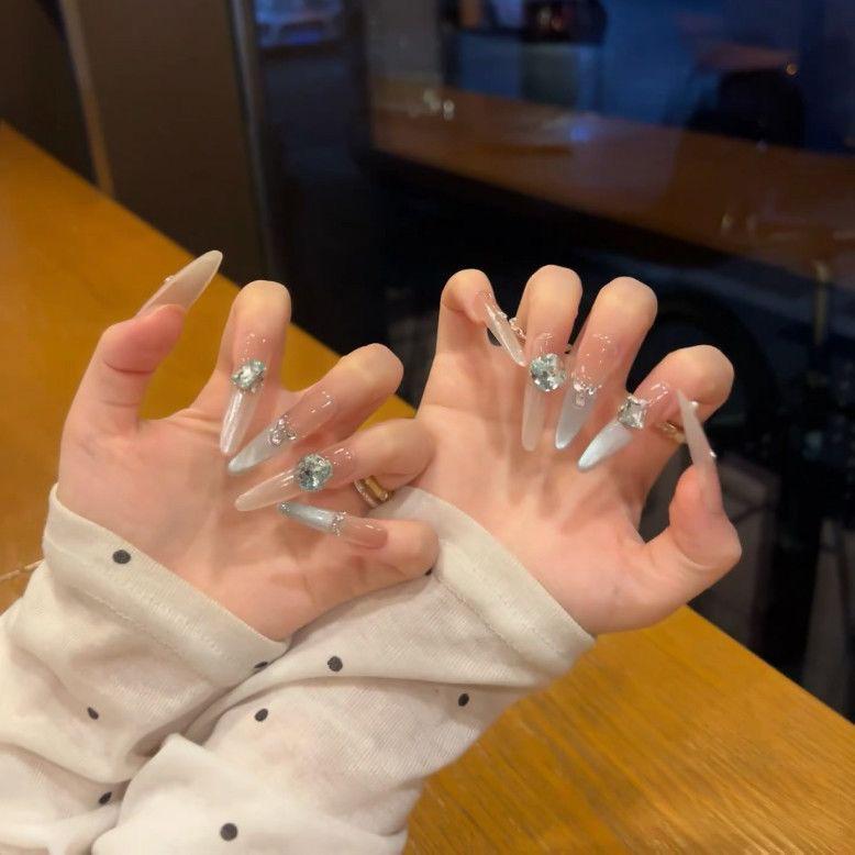 Cute KT Skin-Brightening Cat Eye Handmade French Nails with Fragrant Style and Sparkle Bow