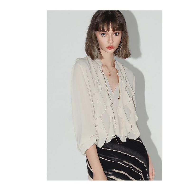 

Однотонный пуловер из шифона, модная повседневная рубашка с воротником в виде лепестка лотоса, офисный топ с V-образным вырезом M бежевый