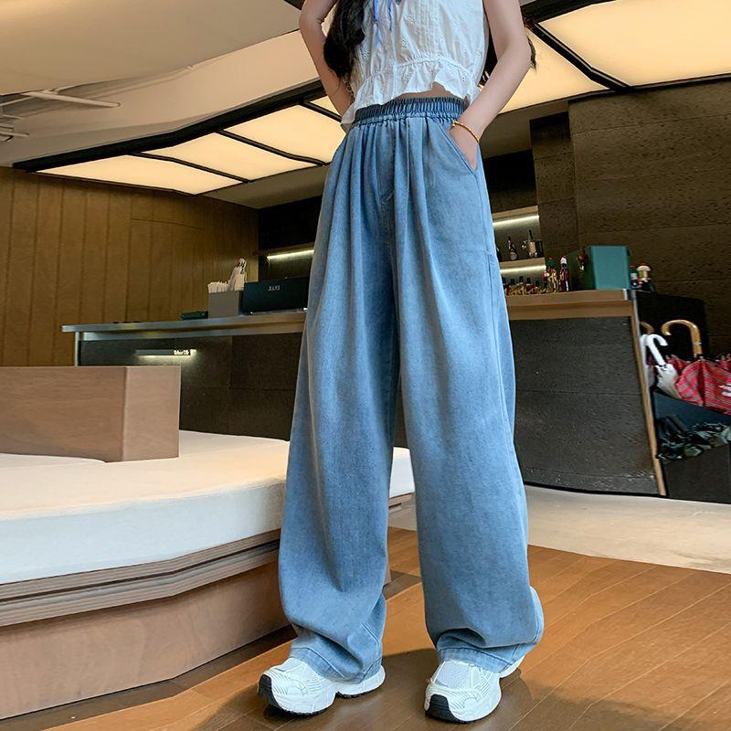 Sommer Elastischer Bund Dünne Tencel Entspannte Gerade Weite Beine Schüler Teenager Jeanshose Für Mädchen Lässige Hose Übergroße Jeanshose