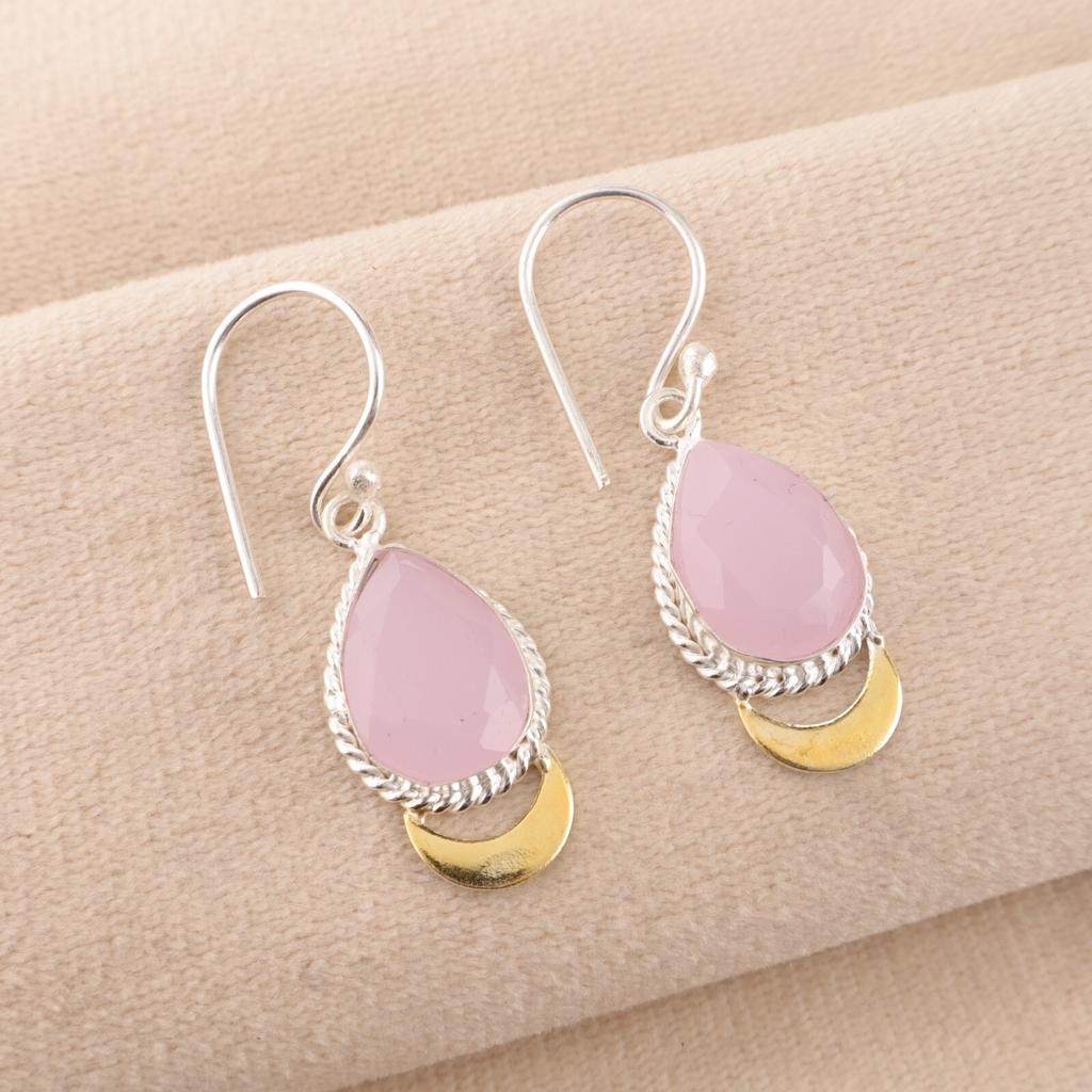 Rose Chalcedony Gemstone 925 Solid Silver Handmade Jewelry Dangle Earrings 1.5" EE-162-14