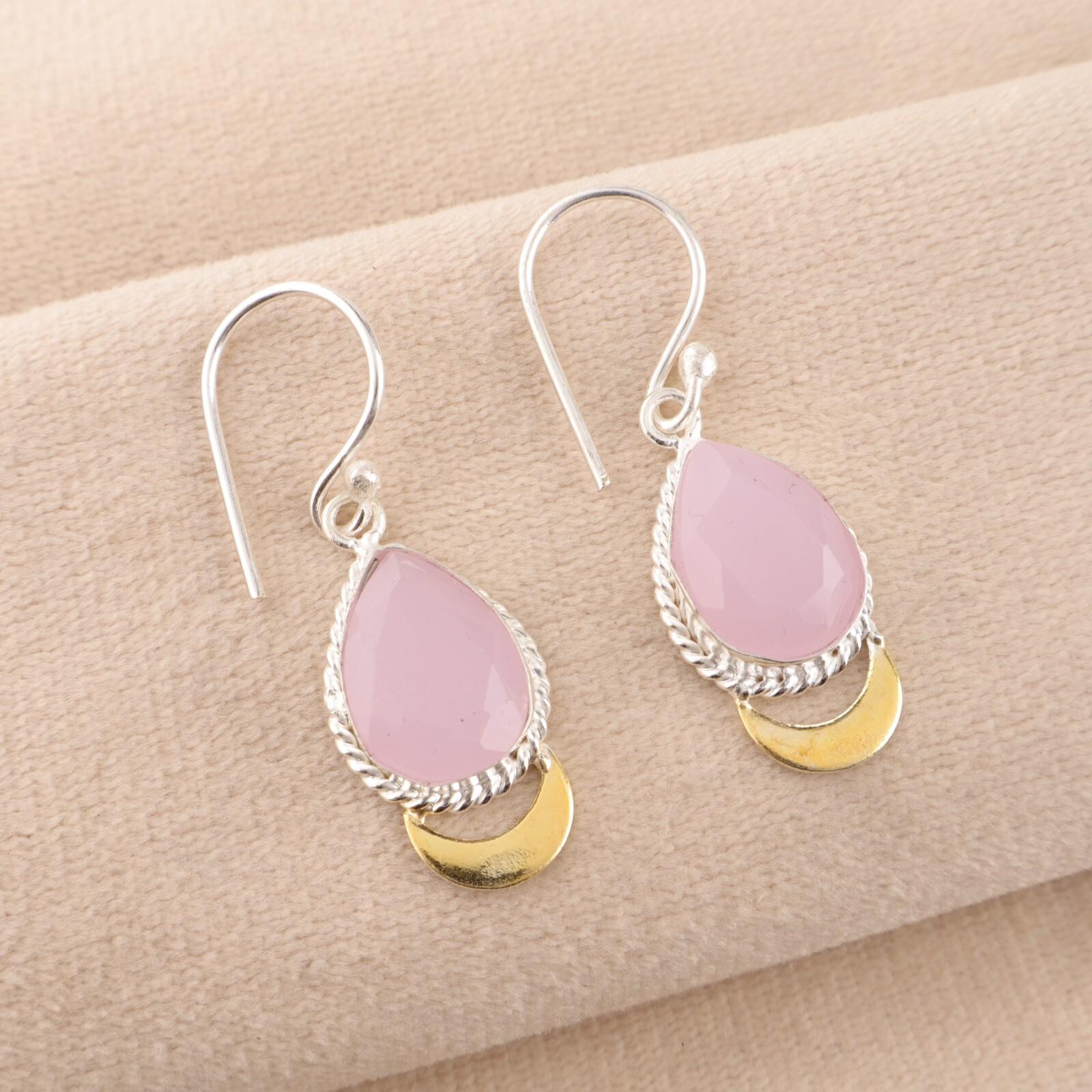

Rose Chalcedony Gemstone 925 Solid Silver Handmade Jewelry Dangle Earrings 1.5 EE-162-14