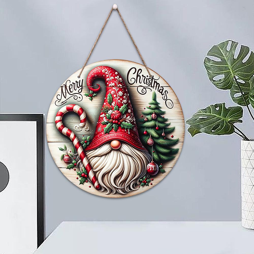 Christmas Holiday Wooden Hanging Tag with Santa Claus Cane Design
