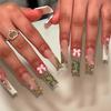 24Pcs Long Square Press On Nails Leopard Print French 3D Cherry Design False Nail Rhinestone Wearable Full Cover Fake Nails Tips