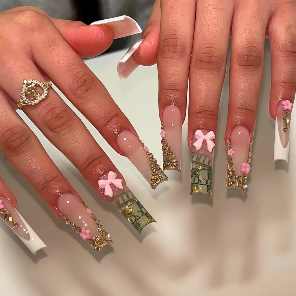 24Pcs Long Square Press On Nails Leopard Print French 3D Cherry Design False Nail Rhinestone Wearable Full Cover Fake Nails Tips