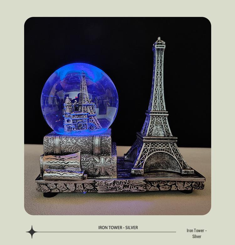 Creative Luminous Eiffel Tower Snow Globe Music Box - Retro Desktop Decoration