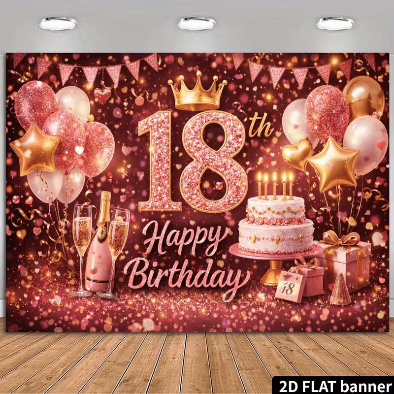 2D 18th Birthday Photography Background, Rose Gold Themed Party Backdrop Banner