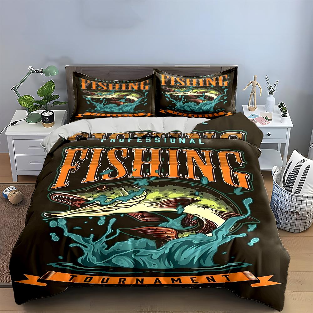 Fishing Graphic with Jumping Pike Bedding Set (1 duvet cover, 2 pillowcases, duvet not included) sofas