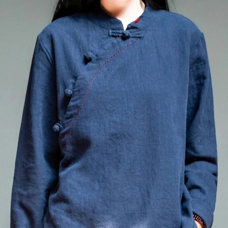 Women Retro Linen Cotton Stand Collar Frog Button Long Sleeve Pullover T Shirt M