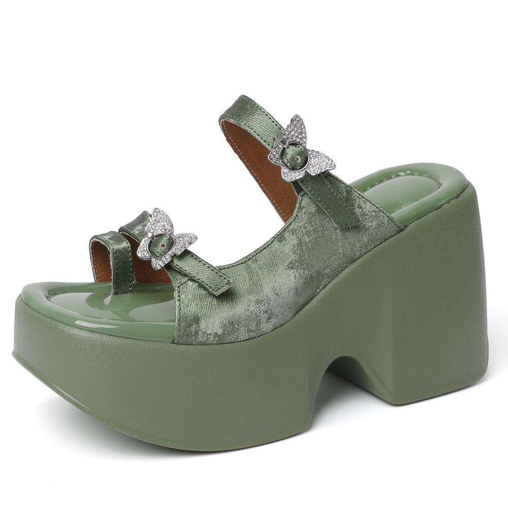 Summer France Style Outside Slim 10 CM High Heels Platform Peep Toe ButterFly Decoration Genuine Leather Women Rome Slippers