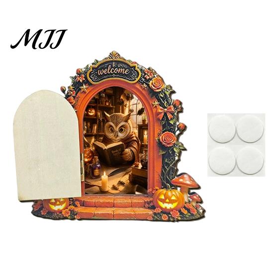 Unique Halloween Shelf Decor Mouse Hole Wall Decoration, Retro Arched Fairy Door with Pumpkin Cute Room Accessories & Flower Decor, Miniature Openable