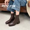 Cowhide Version French Square Head Leather Thick Heel Short Boots Small Ankle Boots Women's Autumn and Winter New Medium and High Heel Elastic Thi