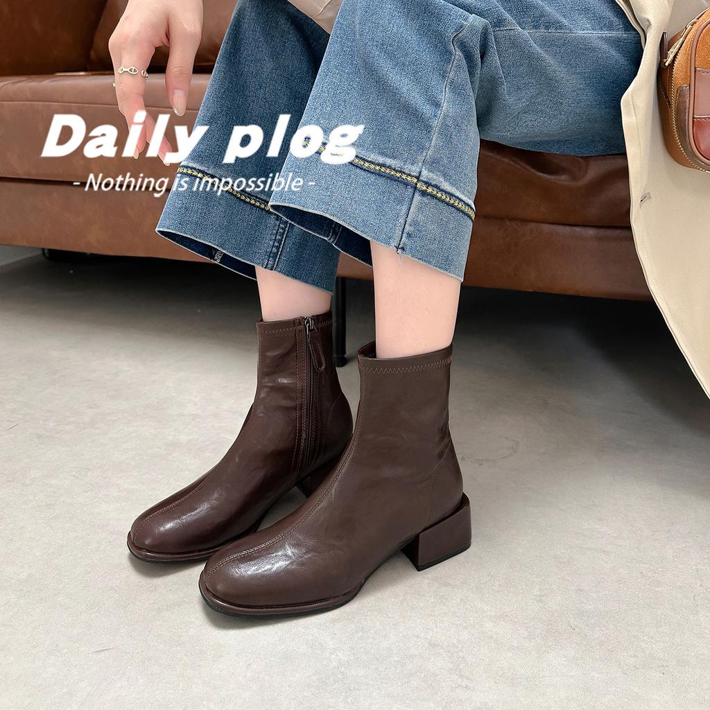 Cowhide Version French Square Head Leather Thick Heel Short Boots Small Ankle Boots Women's Autumn and Winter New Medium and High Heel Elastic Thi