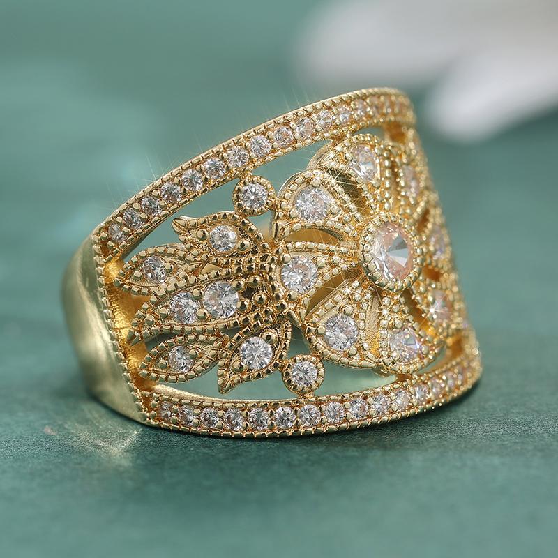 Gorgeous Golden Color Wide Flower Hollow Out Band Rings Female Finger Rings For Party Luxury Synthetic Cubic Zirconia Jewelry
